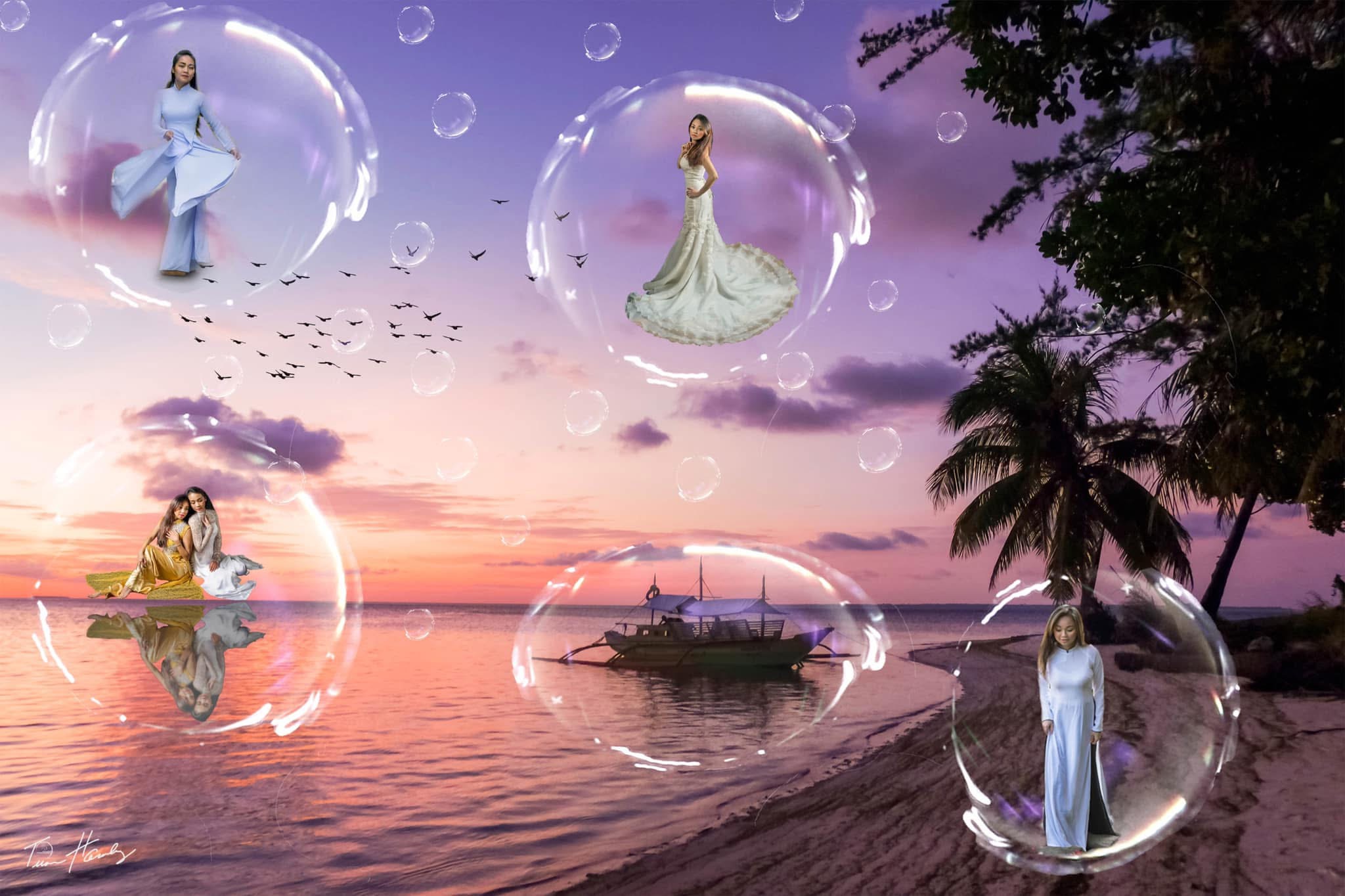 Vivian and Julie in beach sunset dreamscape with floating bubbles