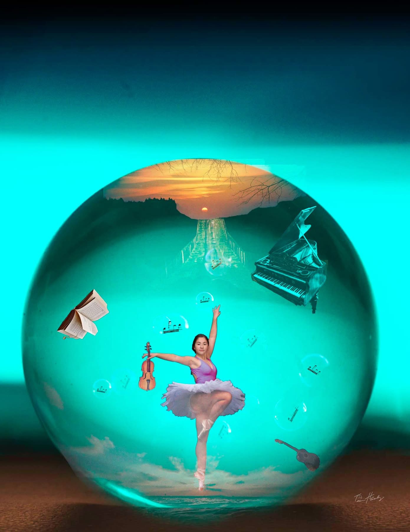 Ballerina inside crystal ball surrounded by floating instruments