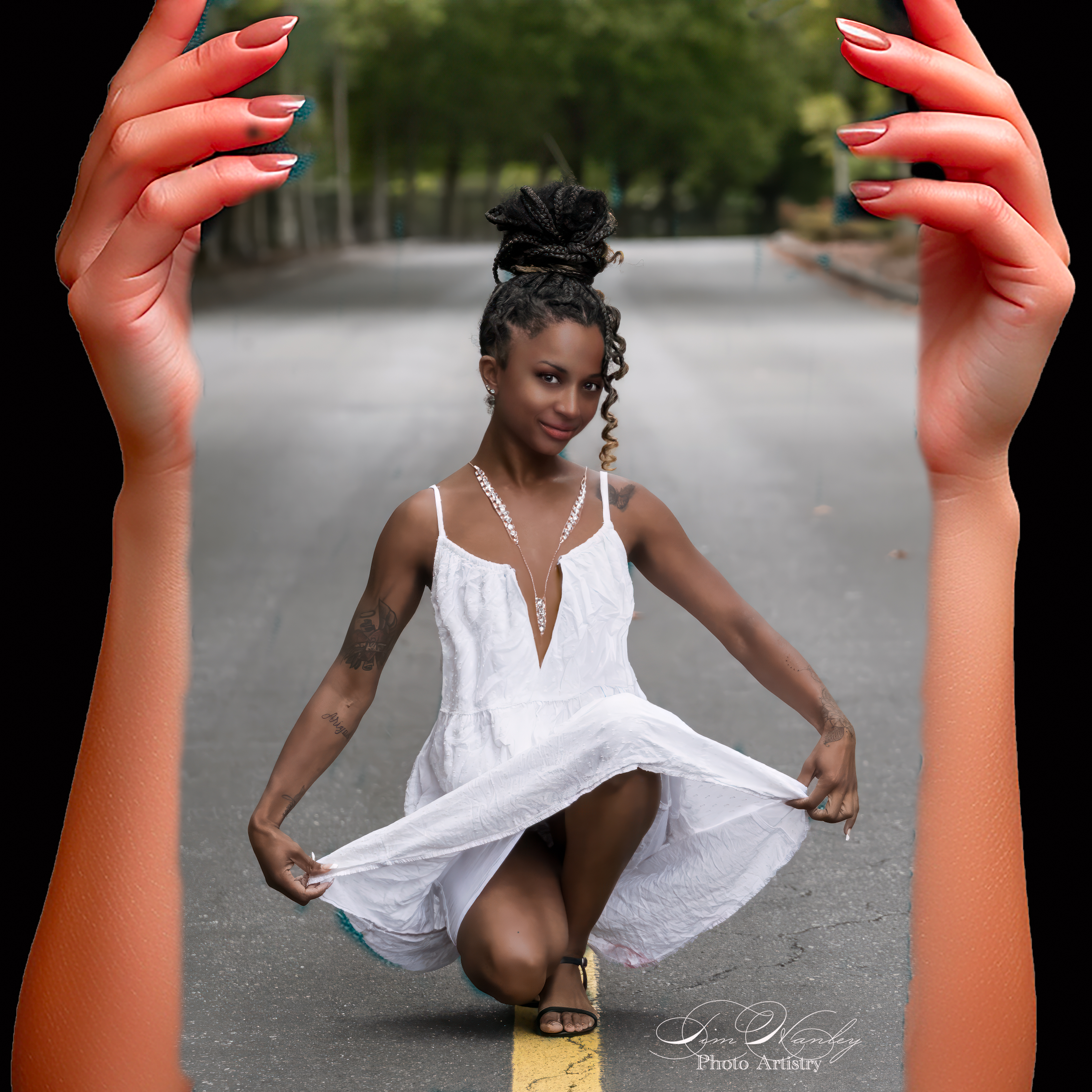 Woman framed by oversized hands reaching in from above