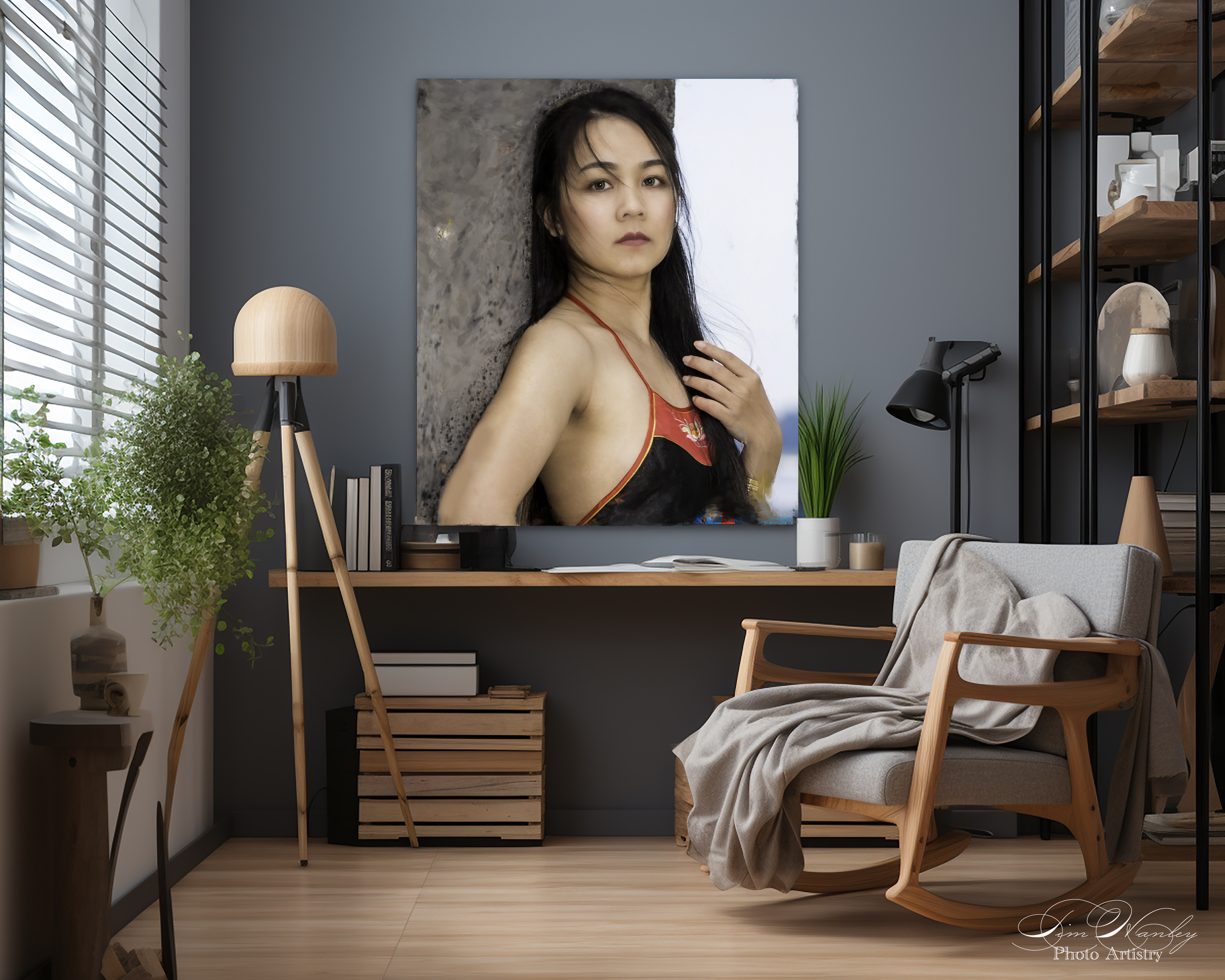 Portrait print displayed in modern living room
