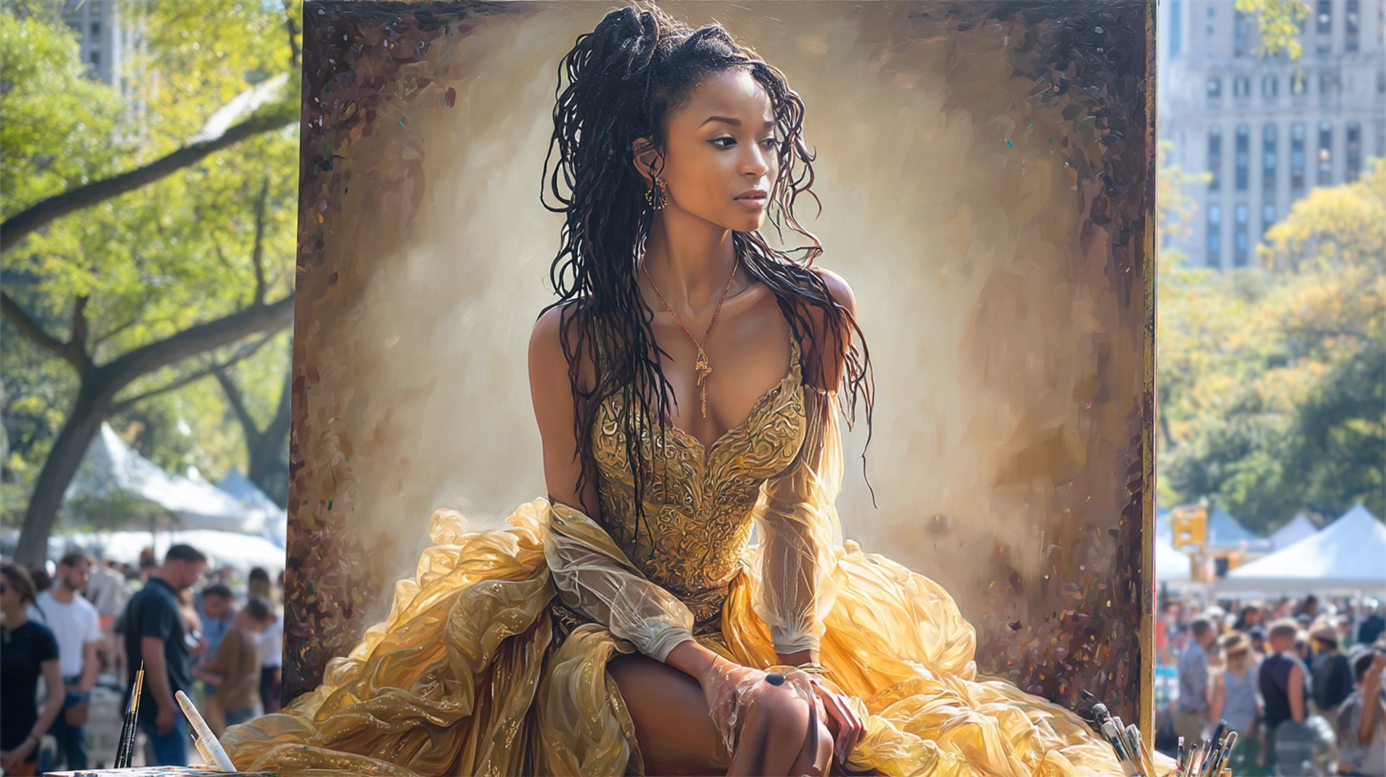 Large canvas on easel at outdoor art fair