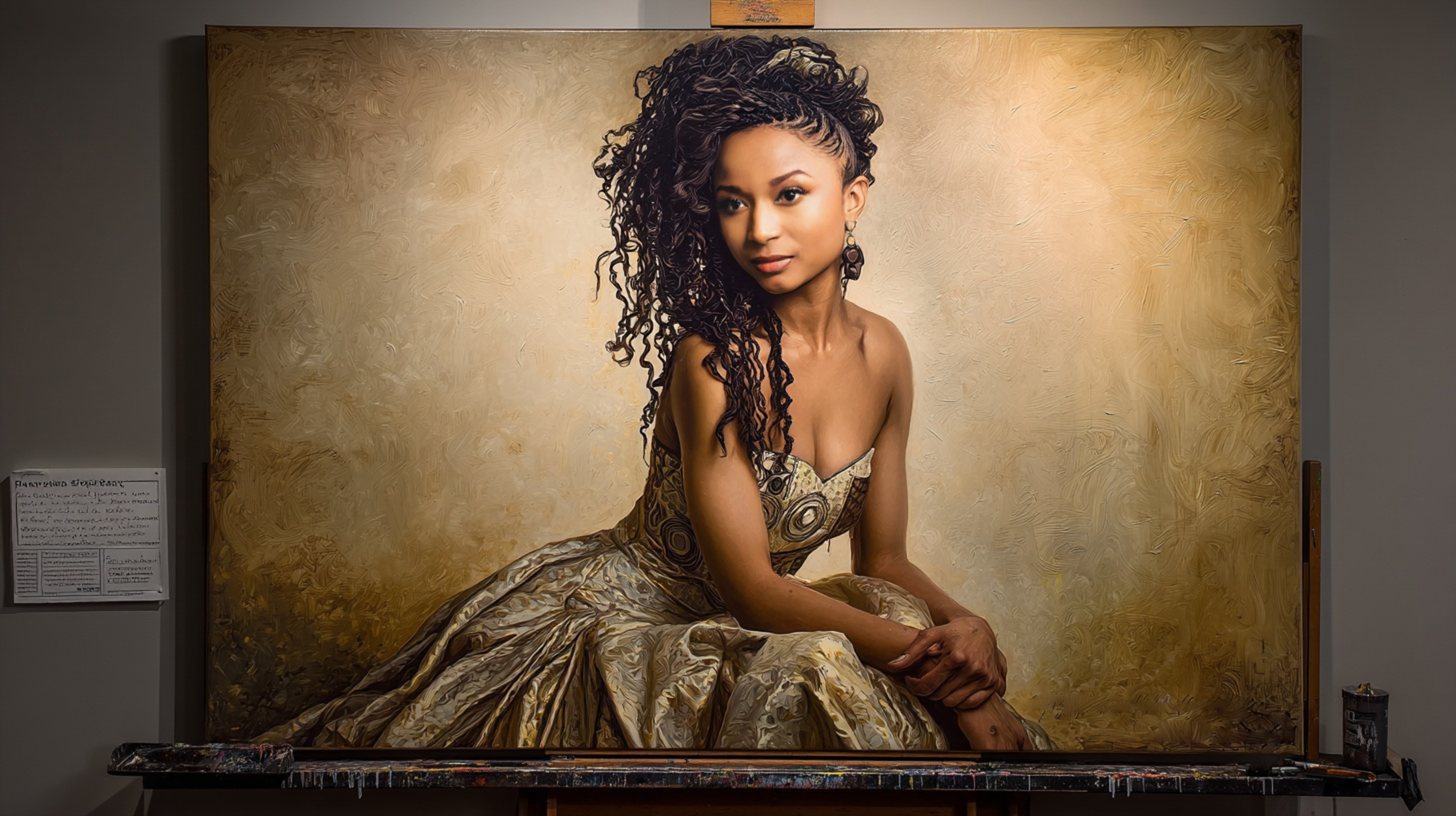 Woman rendered as oil painting on canvas in gallery